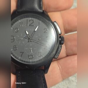 Guess Black Leather Chronograph Watch For Men's